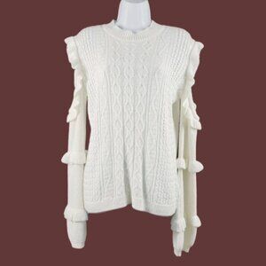 Express Womens Long Sleeve Ivory Ruffle Cold Shoulder Knit Sweater Size S NWT